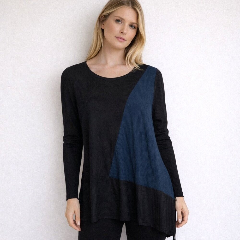 Comfy USA color block boxy tunic top black & Blue long sleeve relaxed fit